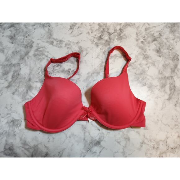 Le Mystère Women's Pink Red Lace Comfortable‎ T Shirt Bra Size 32D - Picture 1 of 3